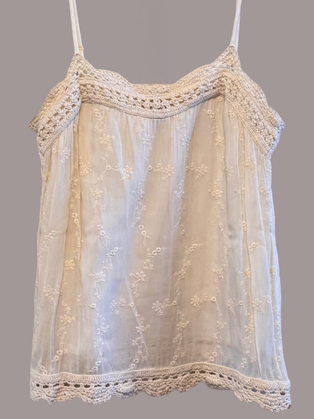Lucky Brand Embroidered Tank Top Crochet Trim CreamSize M Rayon Lined Boho - Picture 4 of 8